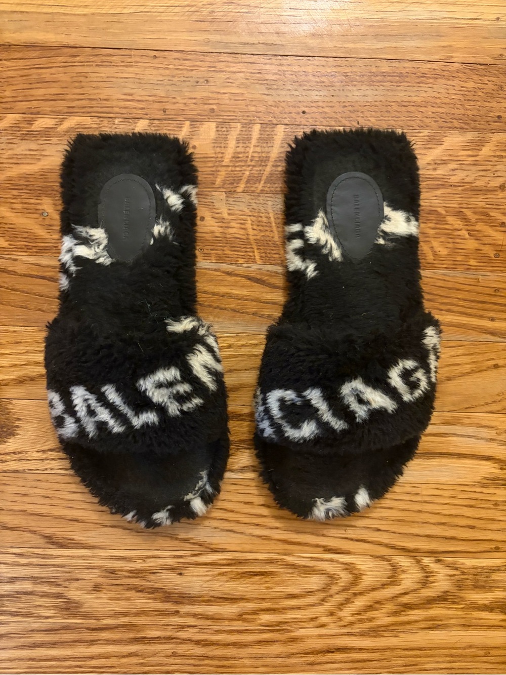 Black and White balenciaga Fur Slide Sandals